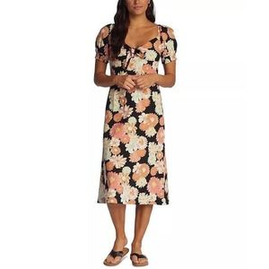 Roxy Summertime Feeling Floral Puff Sleeve Knot Front Empire Waist Midi Dress L